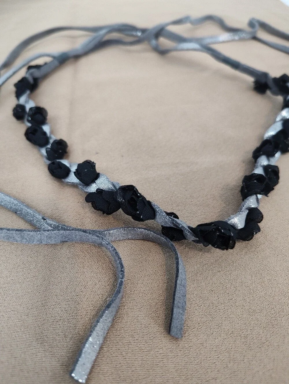 American Eagle Outfitters Black and Silver Braided Ribbon Headband
